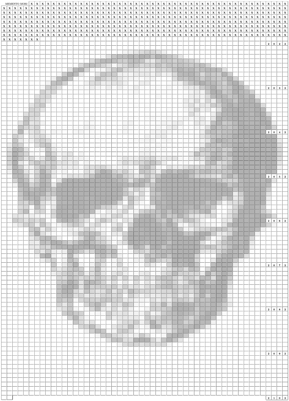 Image of the weeks of a 90 year life arranged in a grid with a skull background