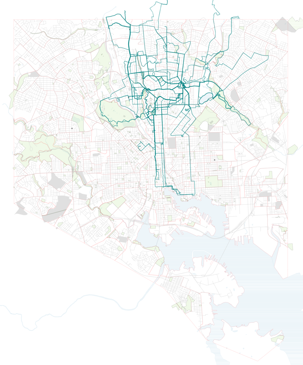A Baltimore city map with some streets I'd biked highlighted.